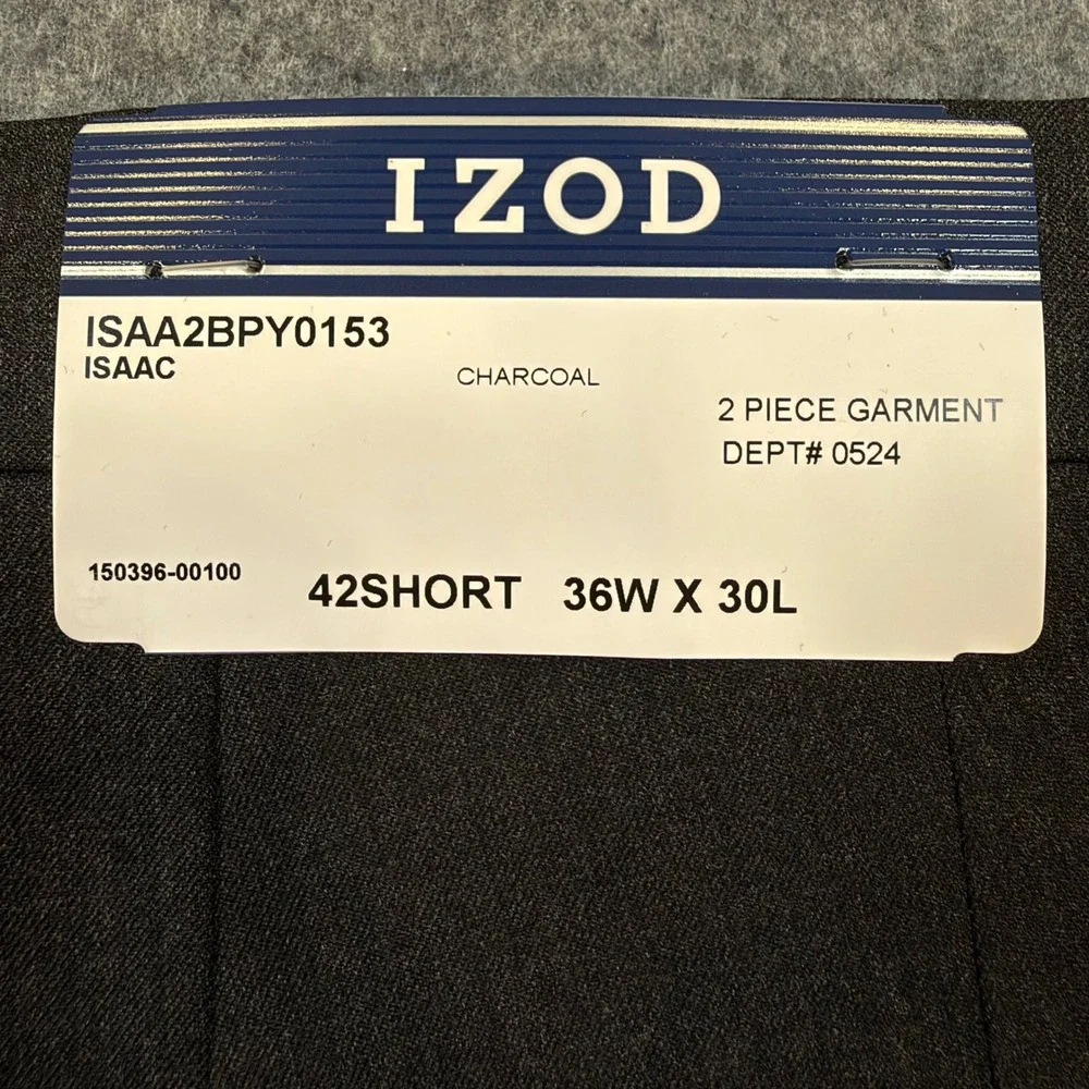 IZOD Mens Charcoal Grey Isaac 2 Piece Suit 42S 36W x 30L Wrinkle Resistant NEW